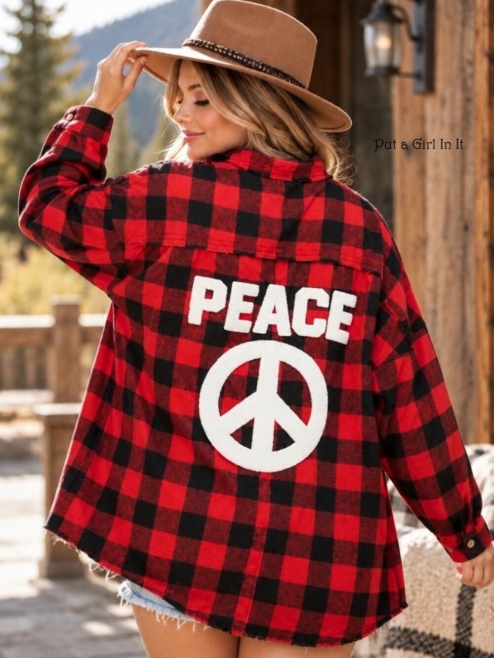 Women's red plaid patch peace sign oversized shacket jacket shirt l xl 1x 2x 3x